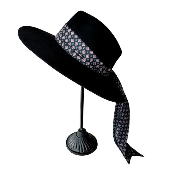 Zara Black Felt Hat with Printed Scarf Size Medium Boho Bohemian - Picture 6 of 10